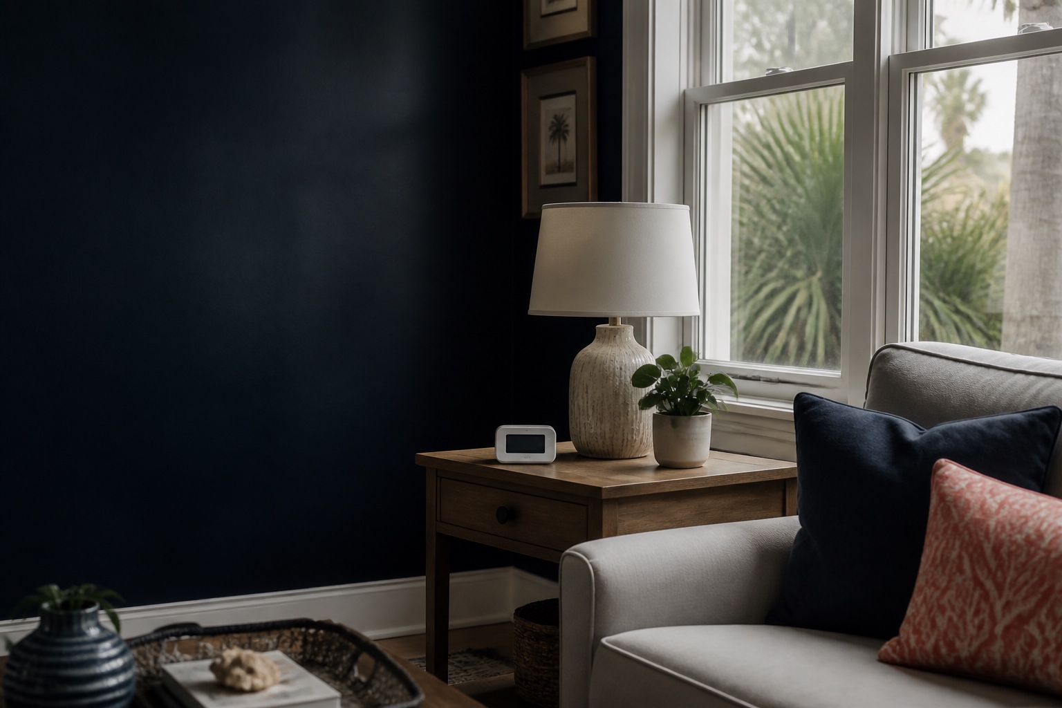 A compact unbranded radon monitor on a stable side table in a closed North Florida living room.